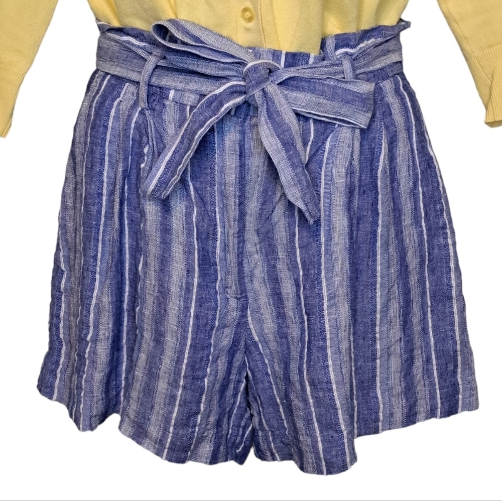 H&M - EUC - Linen Striped Shorts - Tie Belt - High Paperbag Waist - Size 6